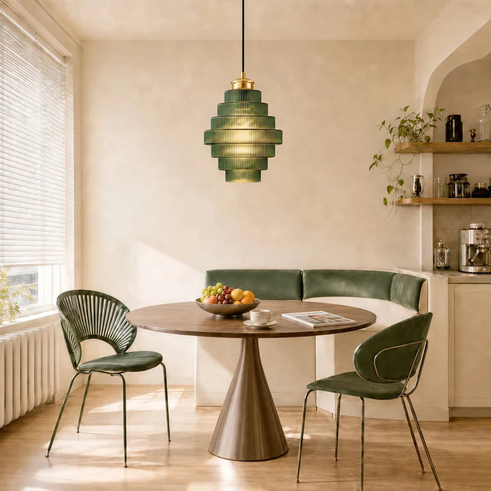 Tiered Ribbed Glass Pendant Light, Art Deco Brass Ceiling Lamp