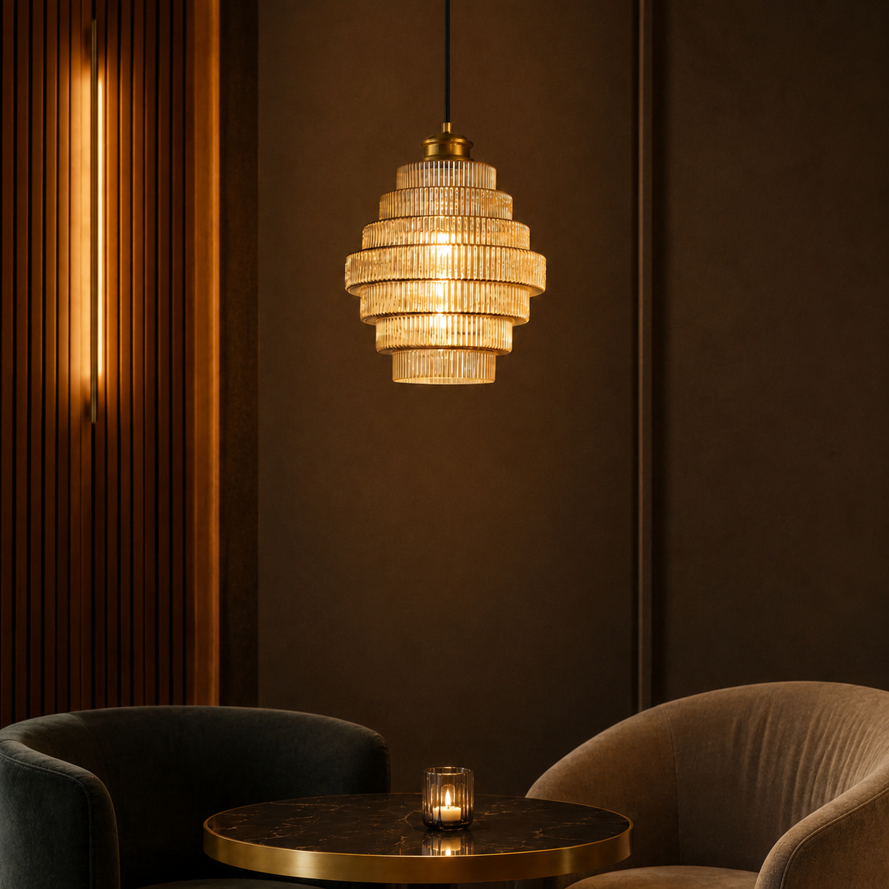 Tiered Ribbed Glass Pendant Light, Art Deco Brass Ceiling Lamp