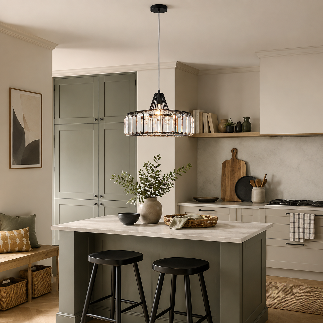 Crystal Pendant Ceiling Light, Modern Black Gold Chandelier for Dining & Living Room