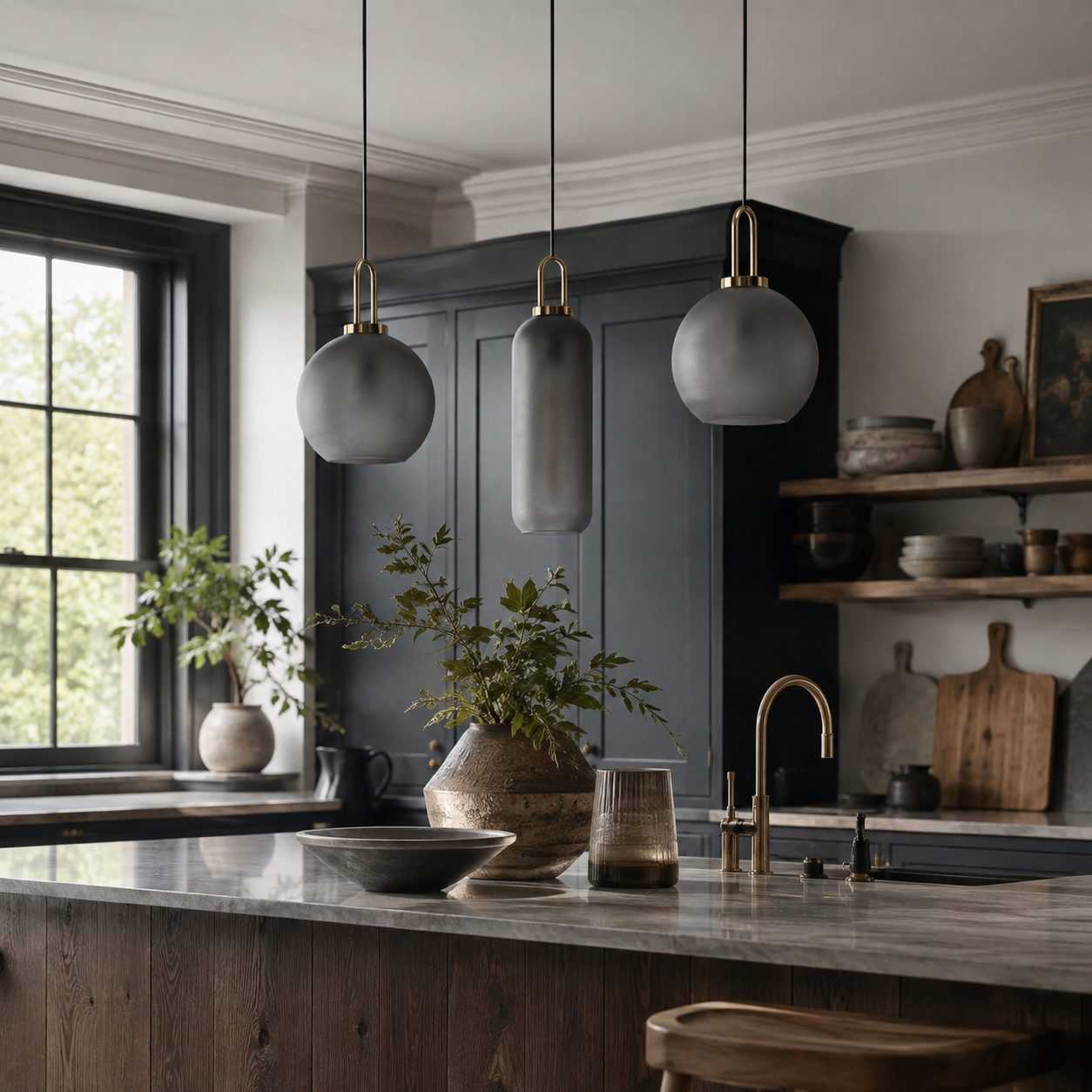 Smoked Glass Pendant Light – Industrial Ceiling Lamp for Kitchen, Dining & Living Room