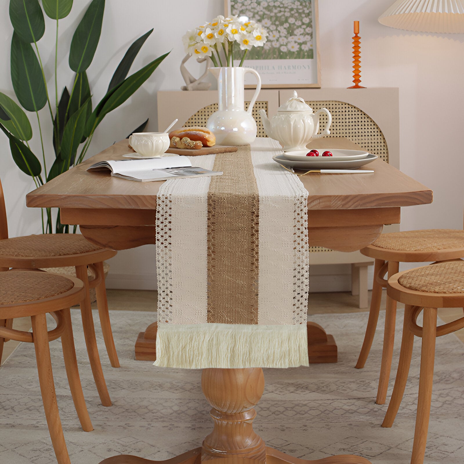 Boho Macrame Cotton Linen Table Runner with Tassels