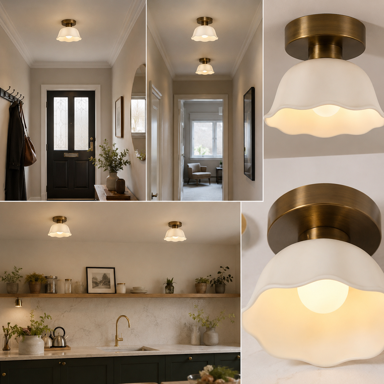 Vintage Ceramic & Glass-Style Ceiling Light – Warm Glow Semi-Flush | Ivory