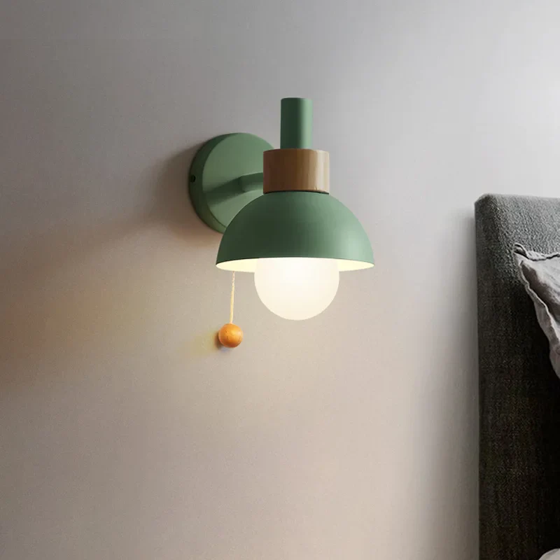 Minimalist Wooden Wall Lamp with Pull Switch – Soft Pastel Modern Design