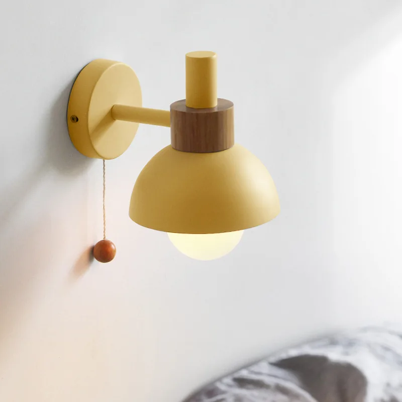 Minimalist Wooden Wall Lamp with Pull Switch – Soft Pastel Modern Design