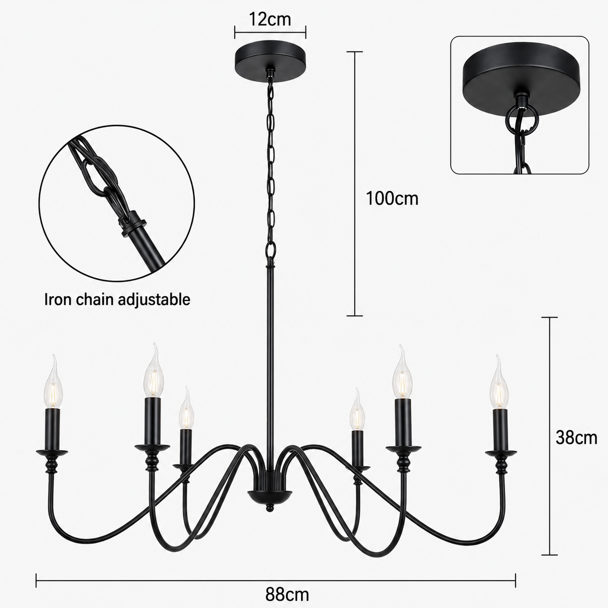 Black Candle Chandelier Light – Ceiling Lamp for Living & Dining Rooms