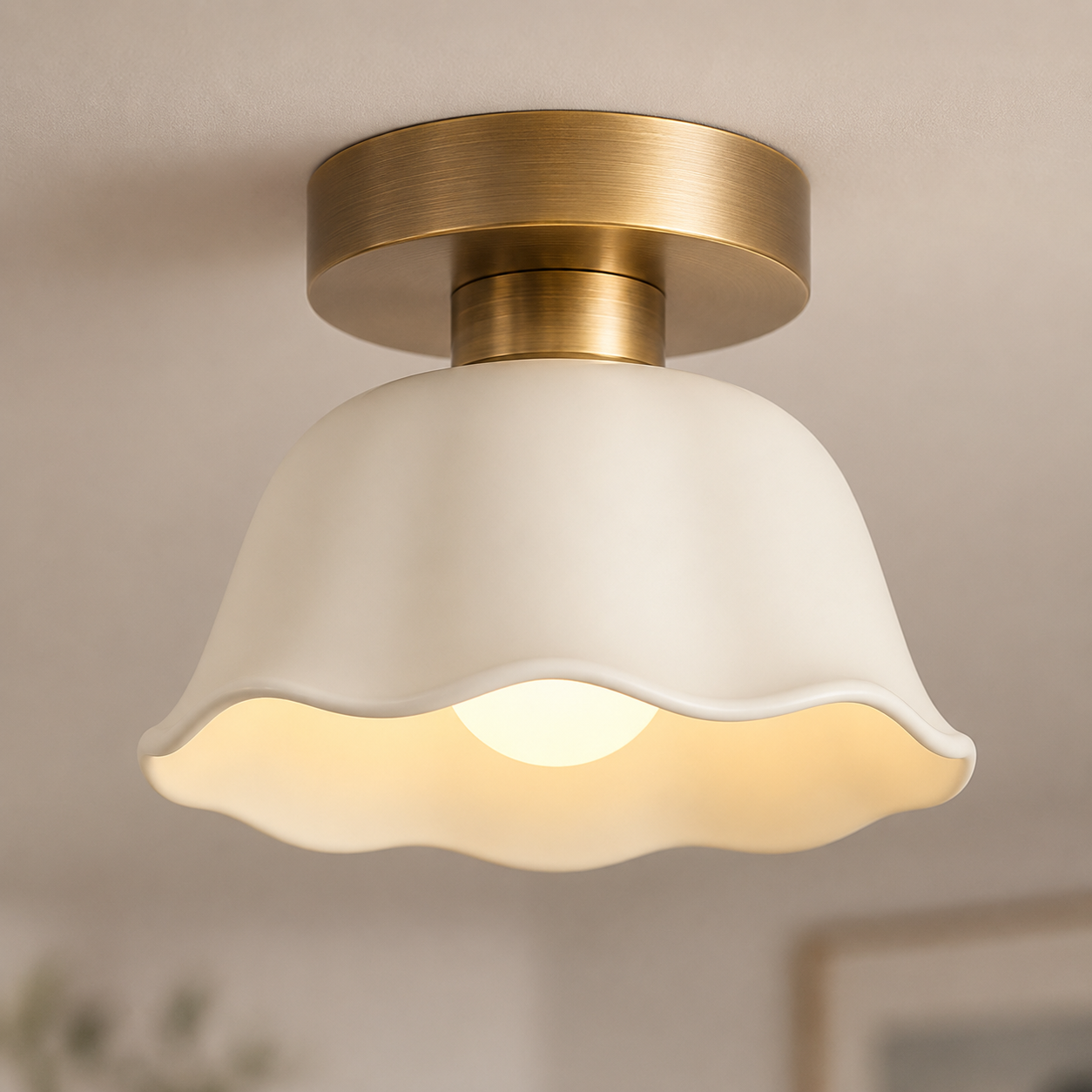 Vintage Ceramic & Glass-Style Ceiling Light – Warm Glow Semi-Flush | Ivory