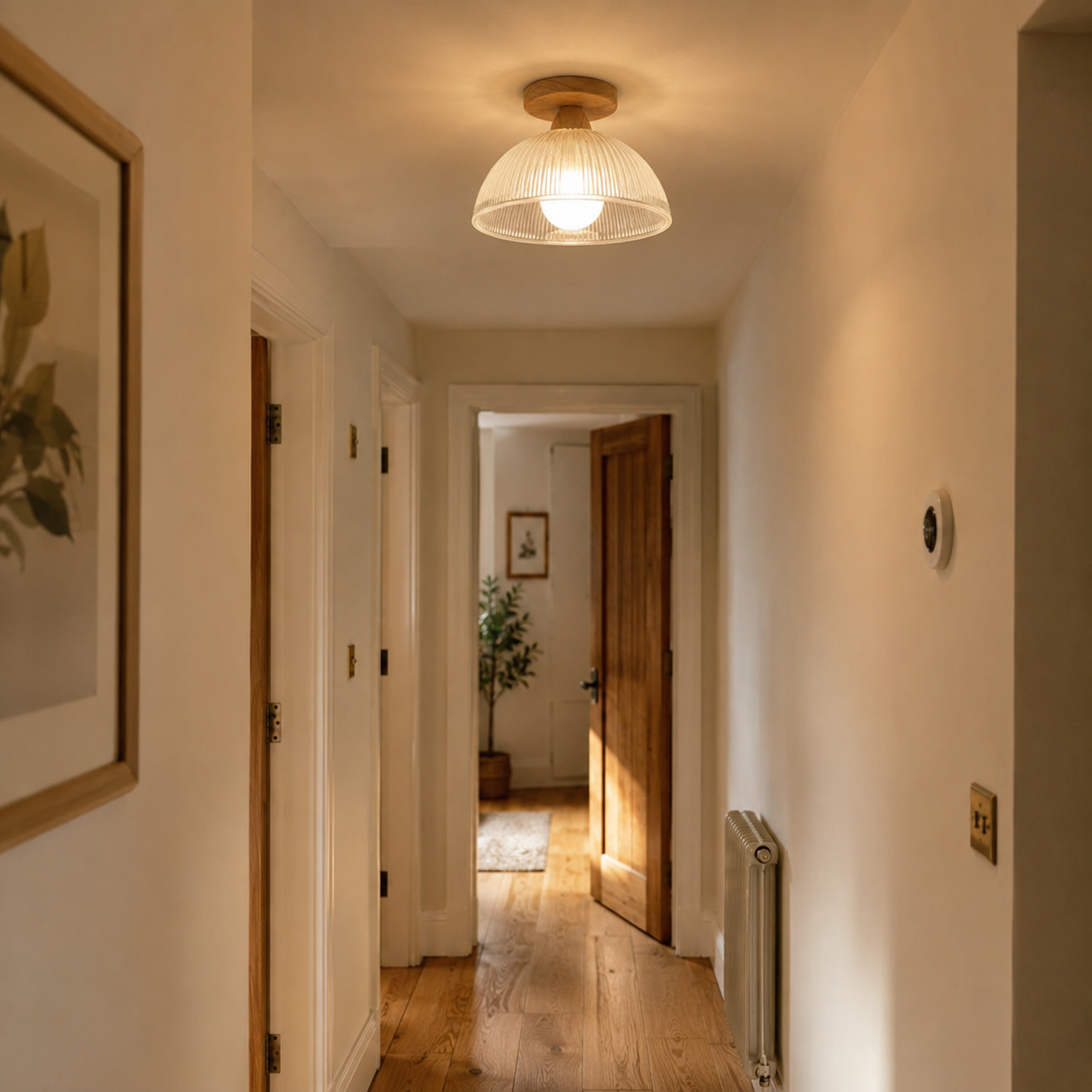 Wood & Ribbed Glass Semi Flush Ceiling Light | Hallway, Landing, Bedroom