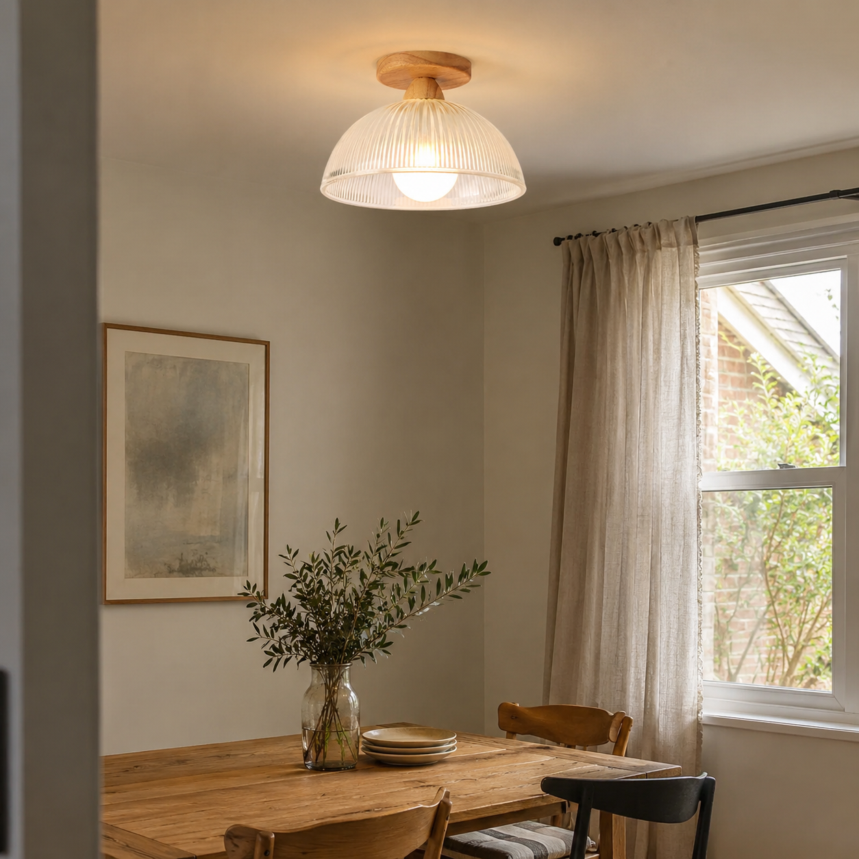 Wood & Ribbed Glass Semi Flush Ceiling Light | Hallway, Landing, Bedroom