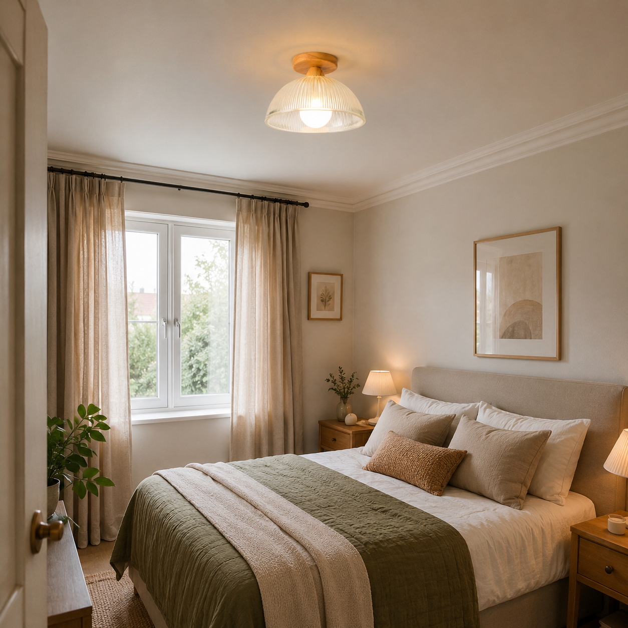 Wood & Ribbed Glass Semi Flush Ceiling Light | Hallway, Landing, Bedroom