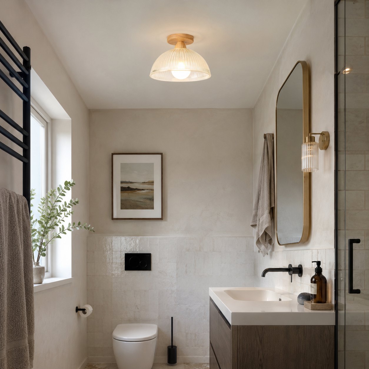 Wood & Ribbed Glass Semi Flush Ceiling Light | Hallway, Landing, Bedroom