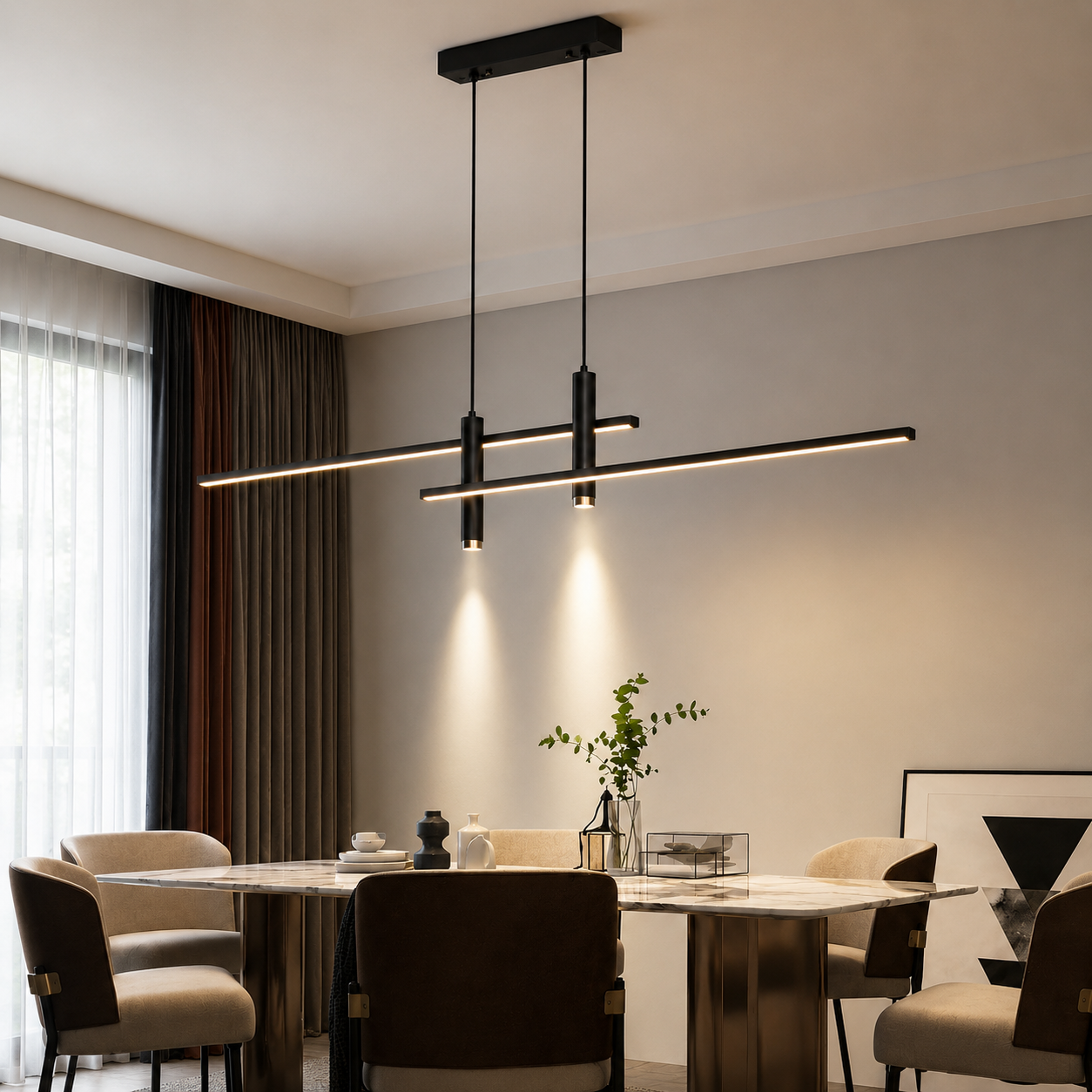 Modern LED Linear Pendant Light – Adjustable Height & Dimmable Options