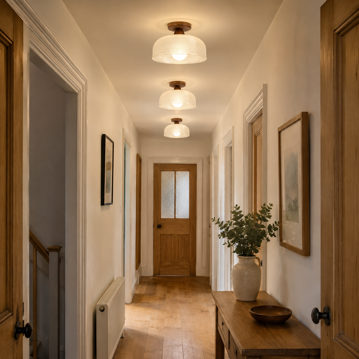 Wood & Ribbed Glass Semi Flush Ceiling Light | Hallway, Landing, Bedroom