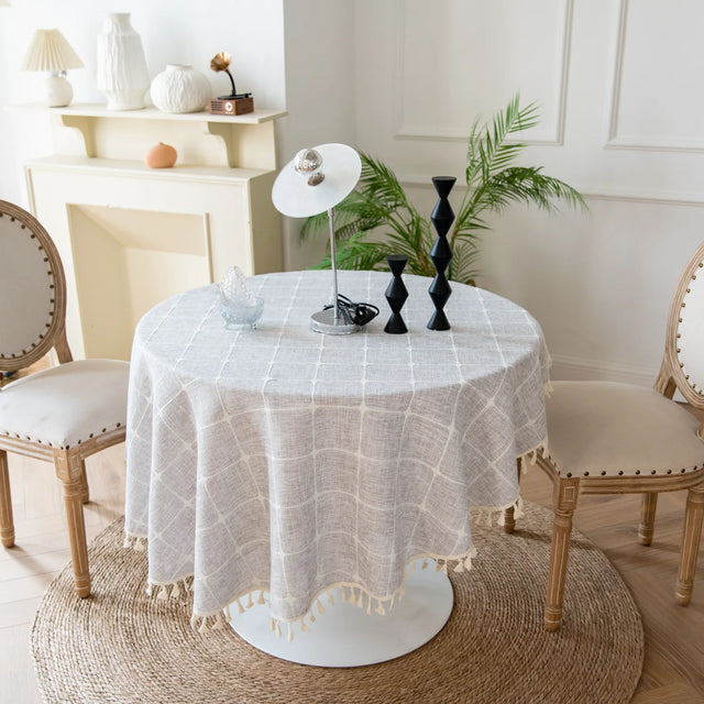 Cotton Linen Jacquard Round Tablecloth with Tassels