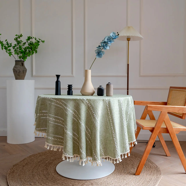 Cotton Linen Jacquard Round Tablecloth with Tassels