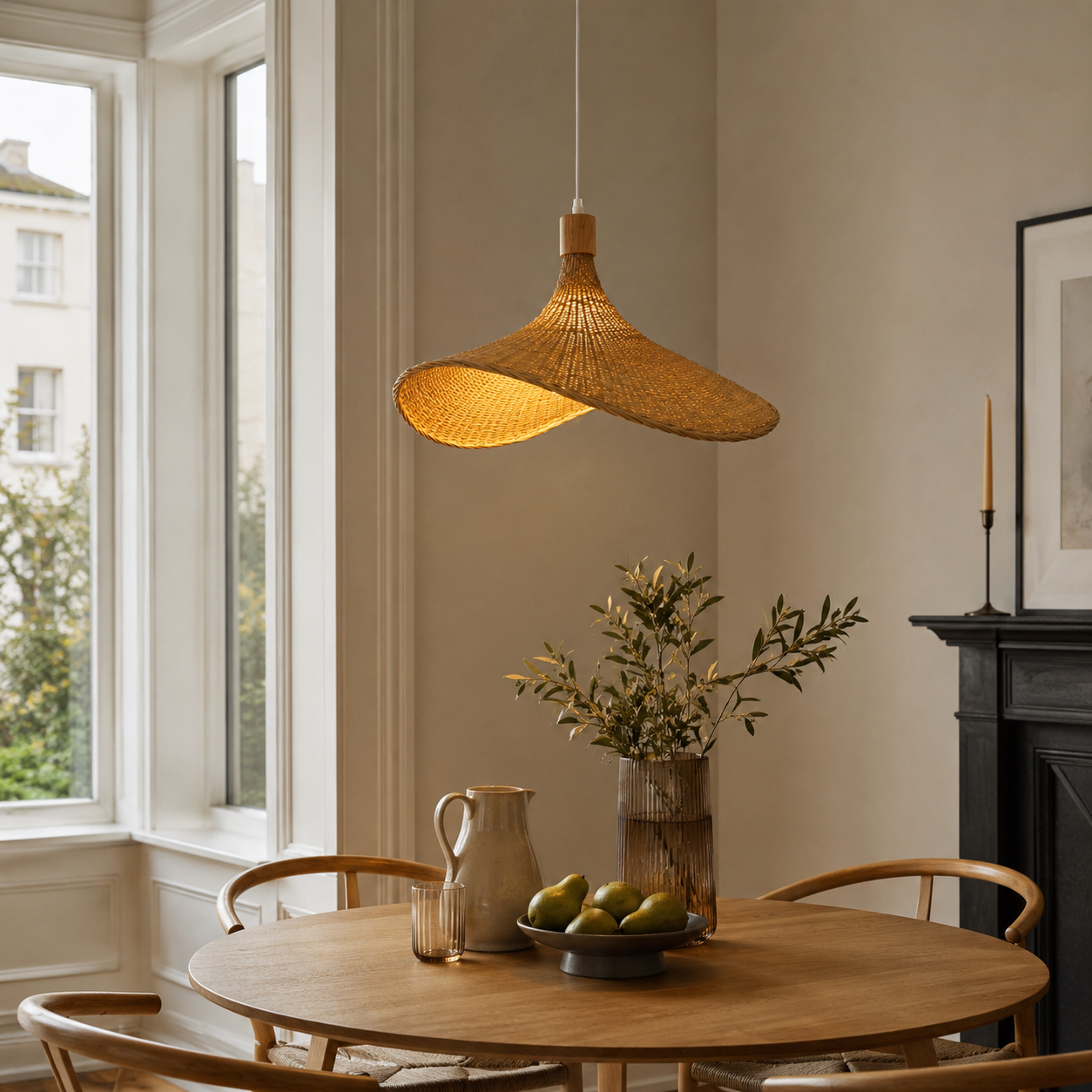 Hand-Woven Rattan Bamboo Pendant Light, Boho Ceiling Lamp for Kitchen Island & Dining Room