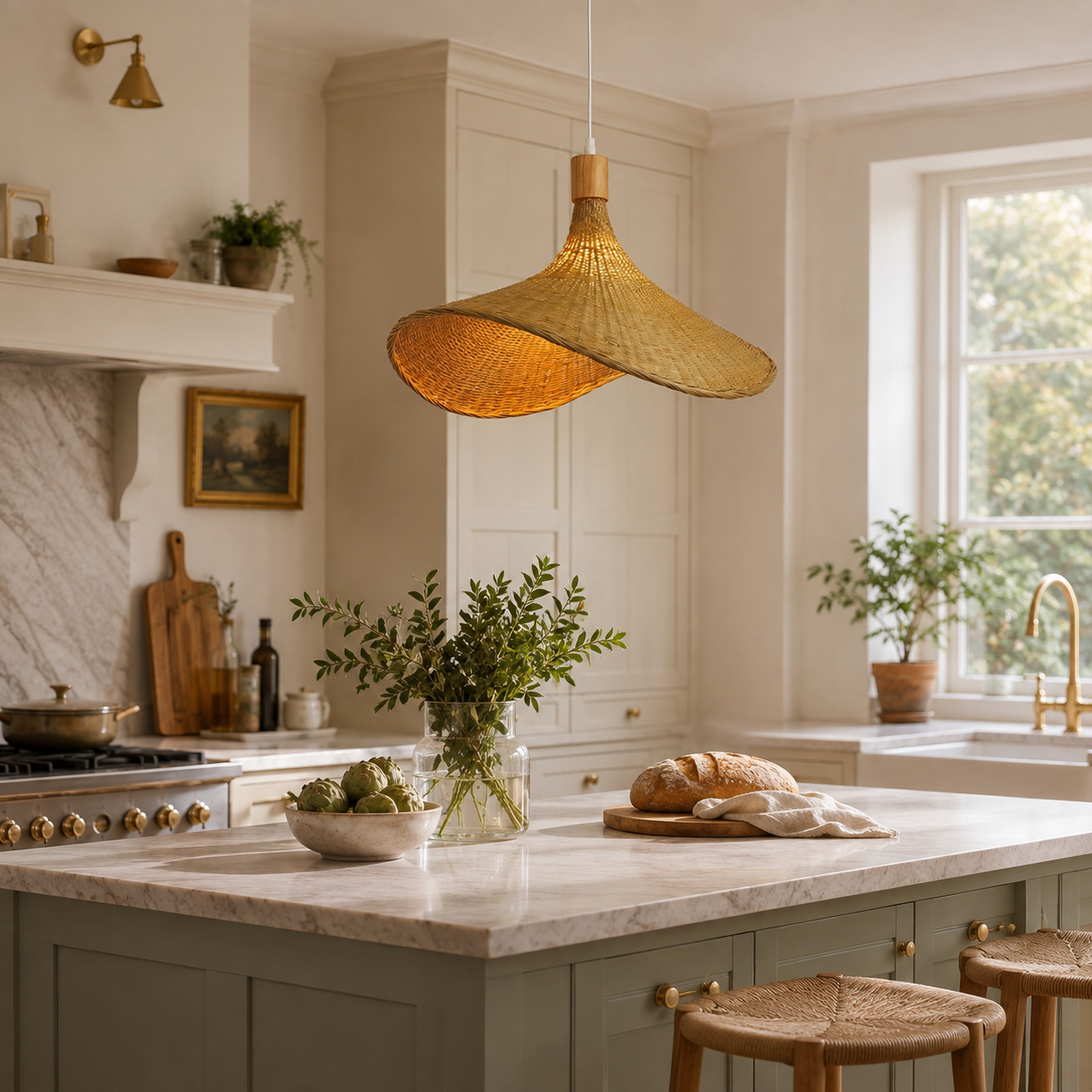 Hand-Woven Rattan Bamboo Pendant Light, Boho Ceiling Lamp for Kitchen Island & Dining Room