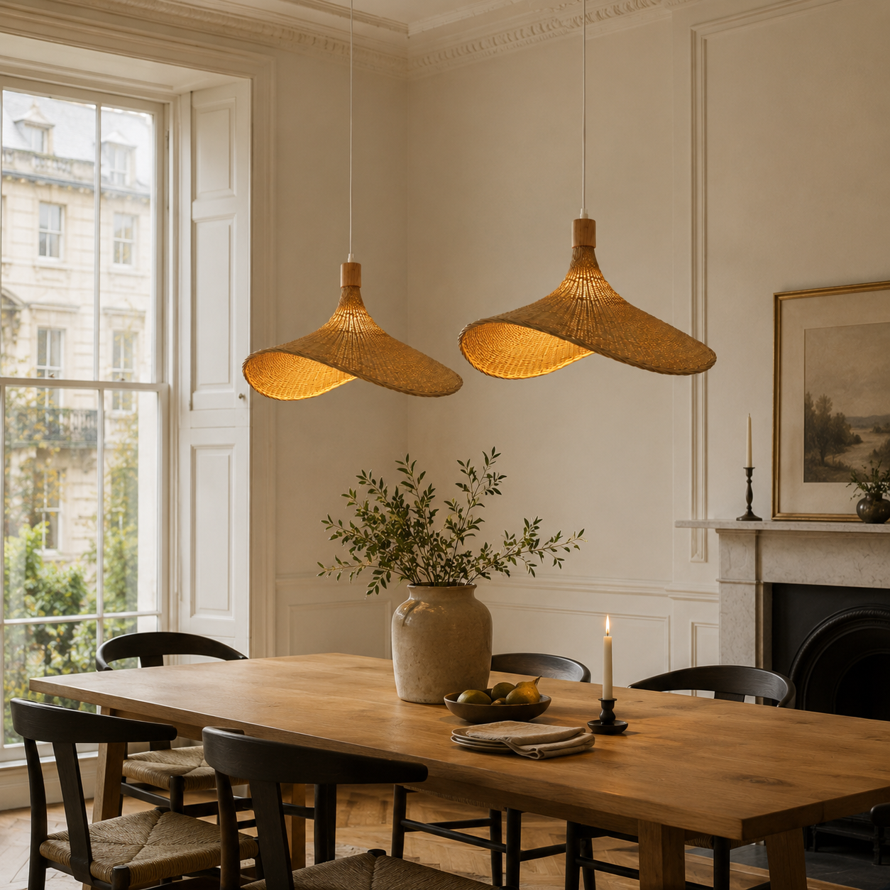 Hand-Woven Rattan Bamboo Pendant Light, Boho Ceiling Lamp for Kitchen Island & Dining Room