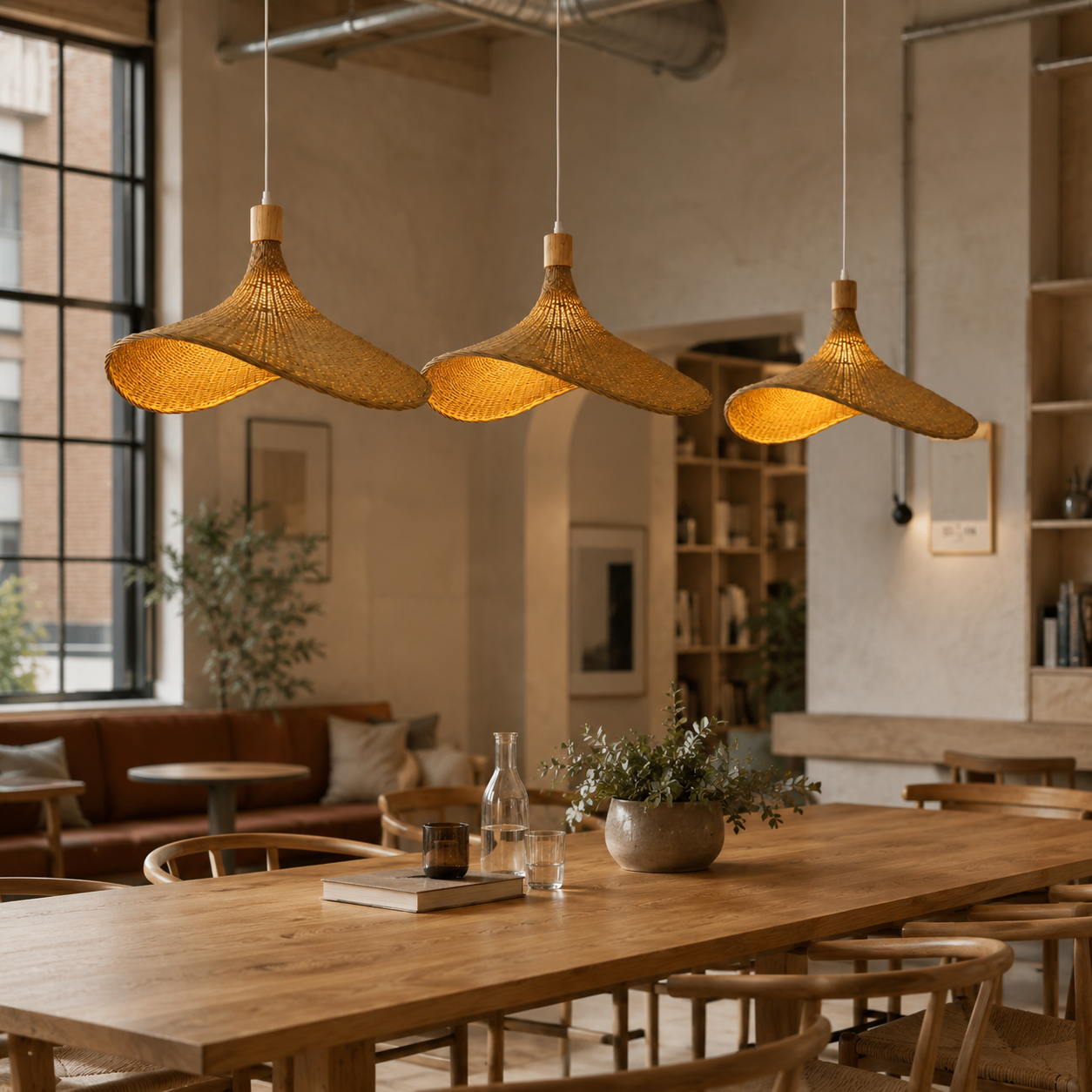Hand-Woven Rattan Bamboo Pendant Light, Boho Ceiling Lamp for Kitchen Island & Dining Room