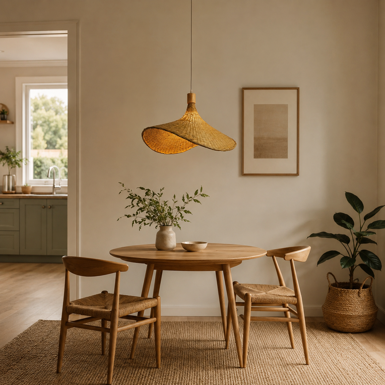 Hand-Woven Rattan Bamboo Pendant Light, Boho Ceiling Lamp for Kitchen Island & Dining Room