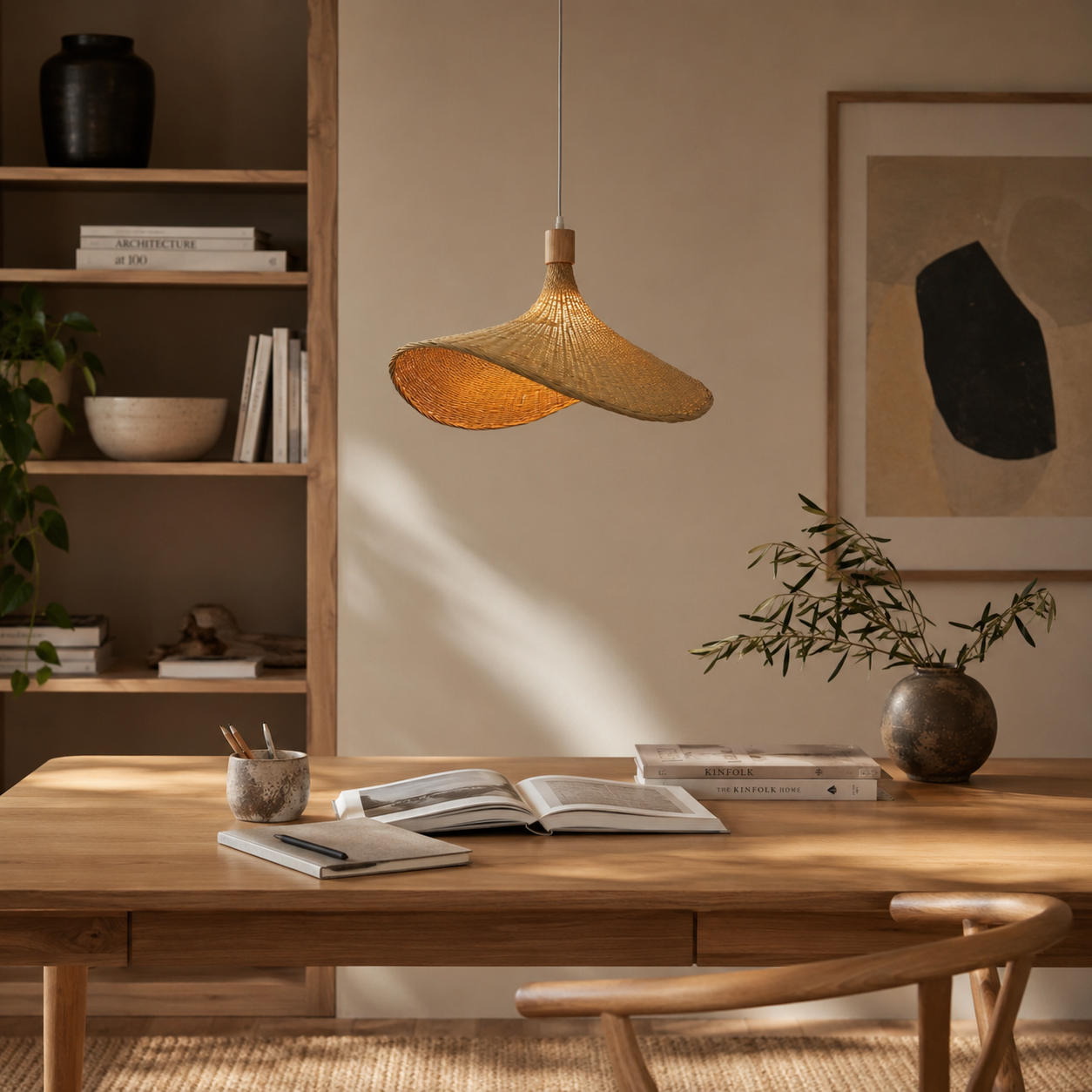 Hand-Woven Rattan Bamboo Pendant Light, Boho Ceiling Lamp for Kitchen Island & Dining Room