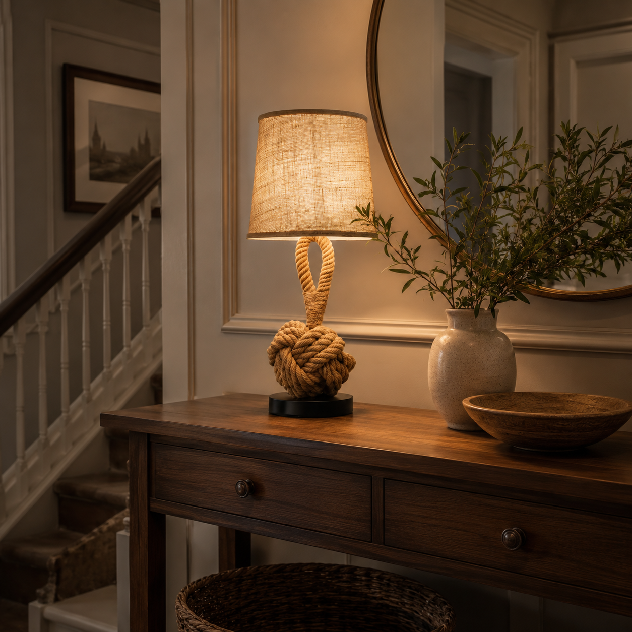 Hemp Rope Table Lamp, Rustic Coastal Bedside Lamp with Linen Shade