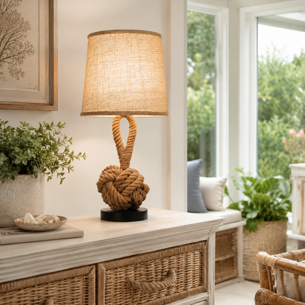 Hemp Rope Table Lamp, Rustic Coastal Bedside Lamp with Linen Shade