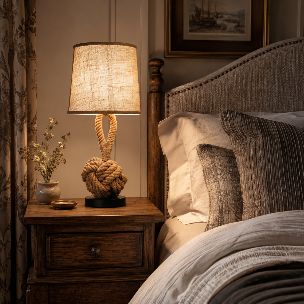 Hemp Rope Table Lamp, Rustic Coastal Bedside Lamp with Linen Shade