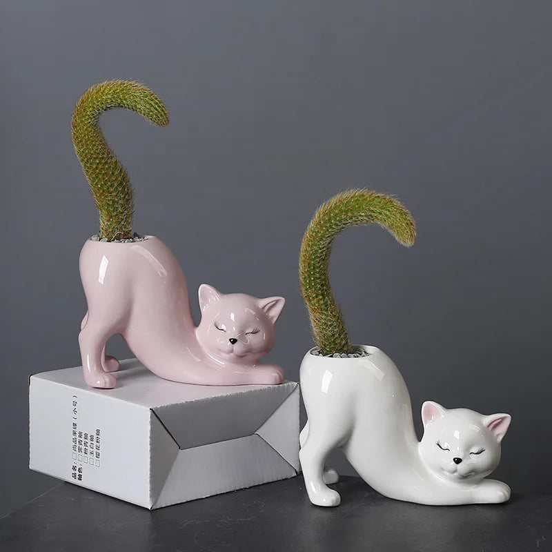Cute Cat Flower Pot - Glazed Porcelain Succulent Planter