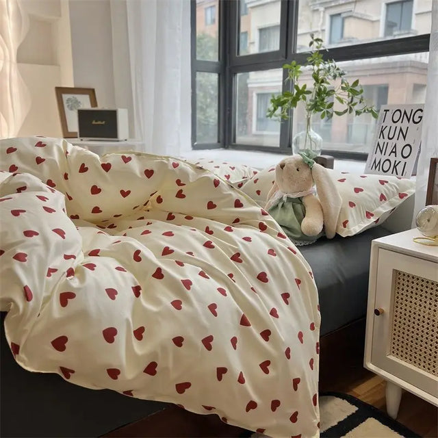 Heart / Cherry Print Bedding Set Duvet Cover Bed Sheets & Pillowcases