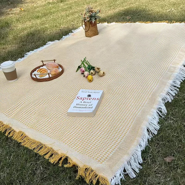 Variant image for Picnic Blanket with Tassel Camping Mat Lawn Pad for Outdoor Travel Portable Knitting Tablecloth Nap Bedspread-2