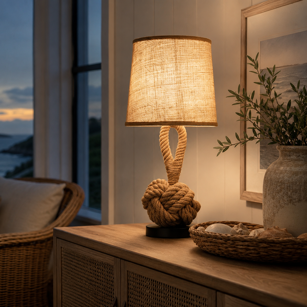 Hemp Rope Table Lamp, Rustic Coastal Bedside Lamp with Linen Shade
