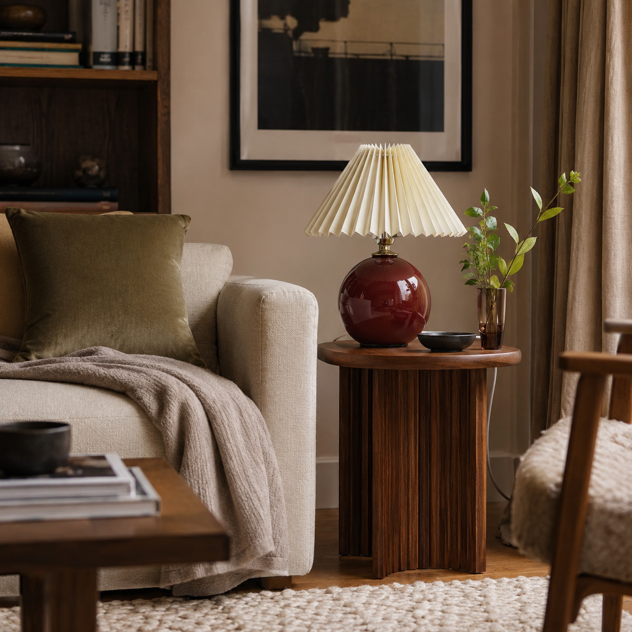 Ceramic Vintage Bedside Table Lamp with Pleated Fabric Shade