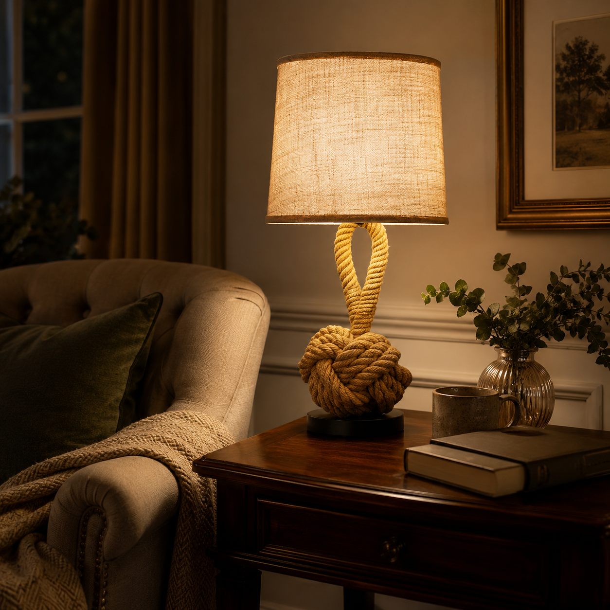Hemp Rope Table Lamp, Rustic Coastal Bedside Lamp with Linen Shade