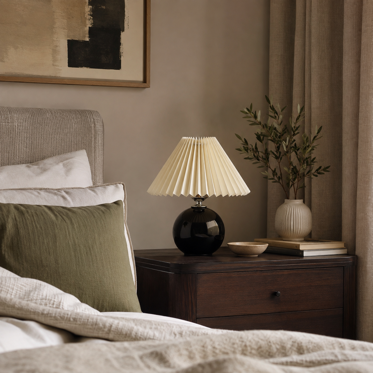 Ceramic Vintage Bedside Table Lamp with Pleated Fabric Shade