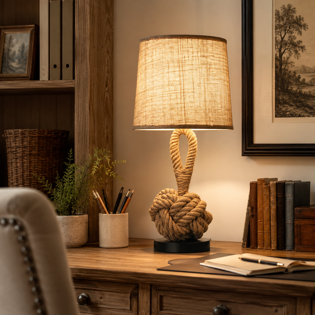 Hemp Rope Table Lamp, Rustic Coastal Bedside Lamp with Linen Shade