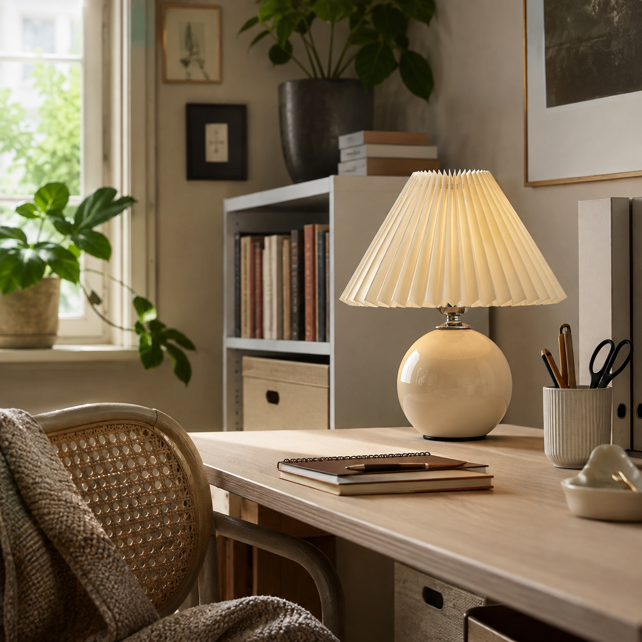 Ceramic Vintage Bedside Table Lamp with Pleated Fabric Shade