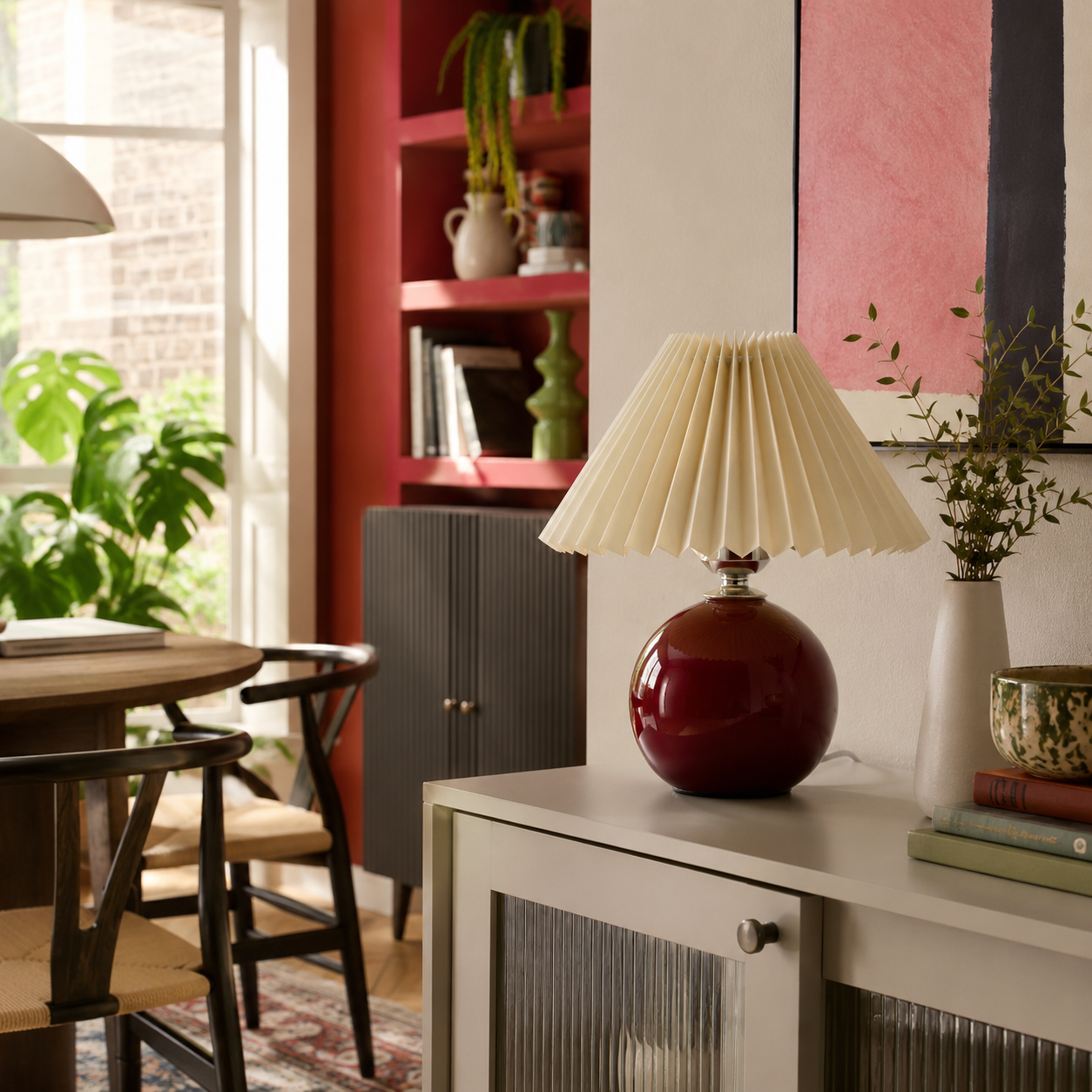Ceramic Vintage Bedside Table Lamp with Pleated Fabric Shade
