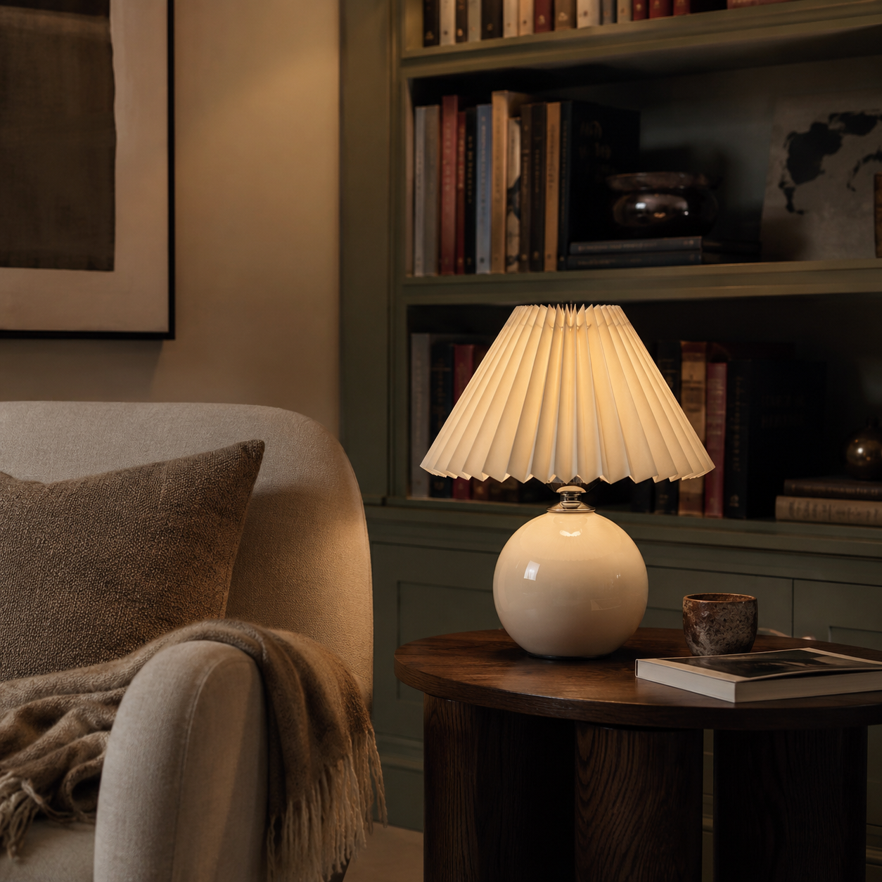 Ceramic Vintage Bedside Table Lamp with Pleated Fabric Shade