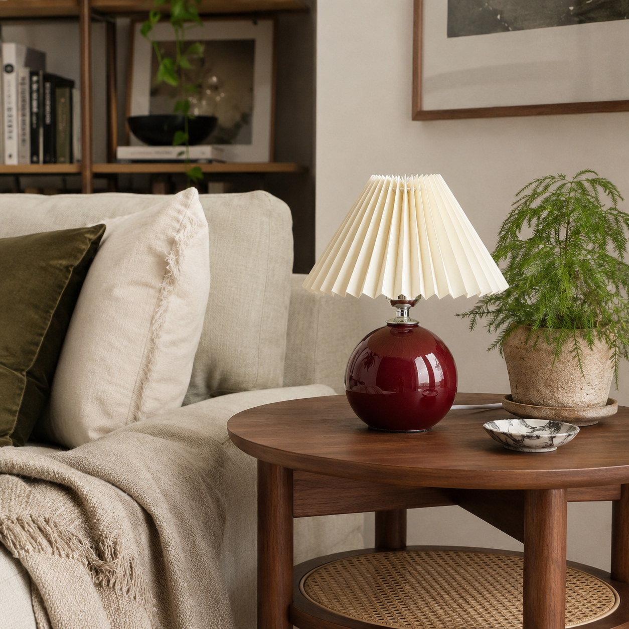 Ceramic Vintage Bedside Table Lamp with Pleated Fabric Shade
