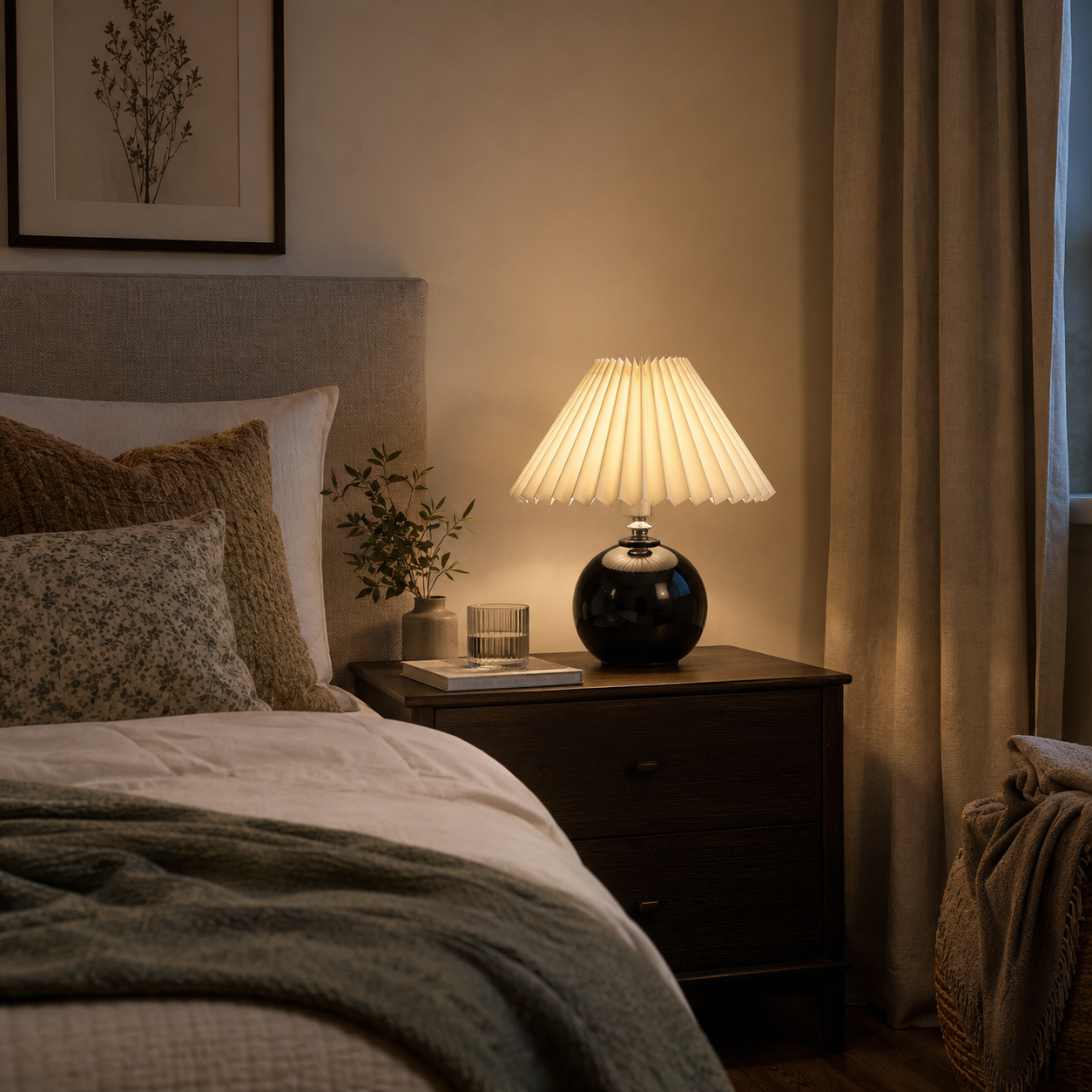 Ceramic Vintage Bedside Table Lamp with Pleated Fabric Shade