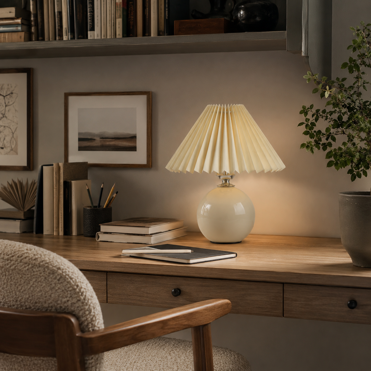 Ceramic Vintage Bedside Table Lamp with Pleated Fabric Shade