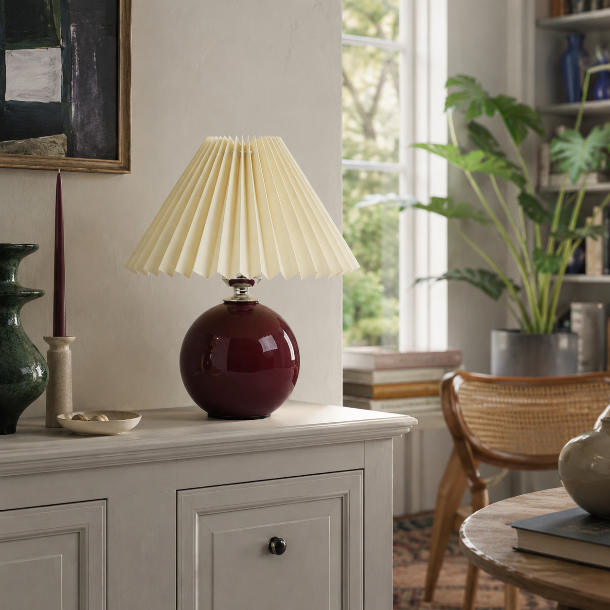 Ceramic Vintage Bedside Table Lamp with Pleated Fabric Shade