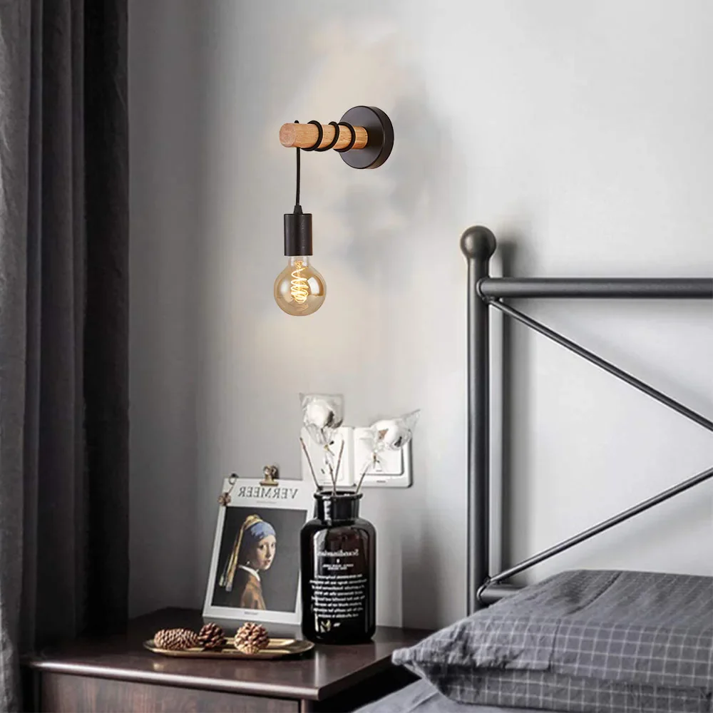Black Industrial Wall Bedside Lamp with Wooden Base