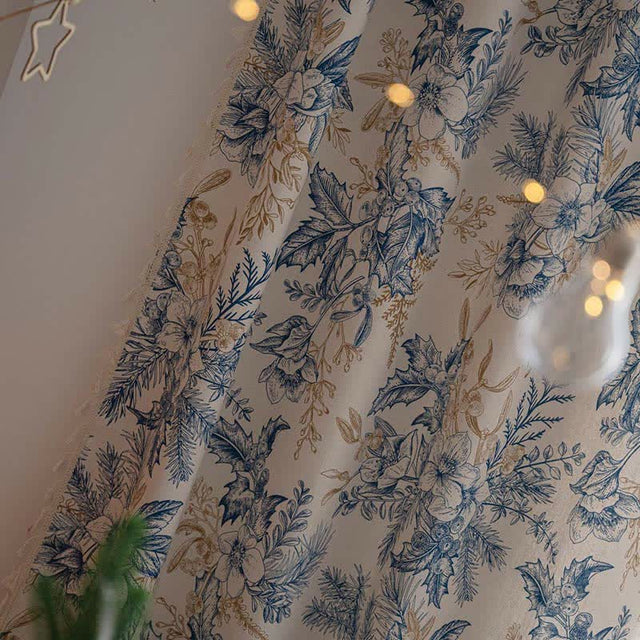 Blue Flower Pine Cotton Linen Light Filtering Curtain