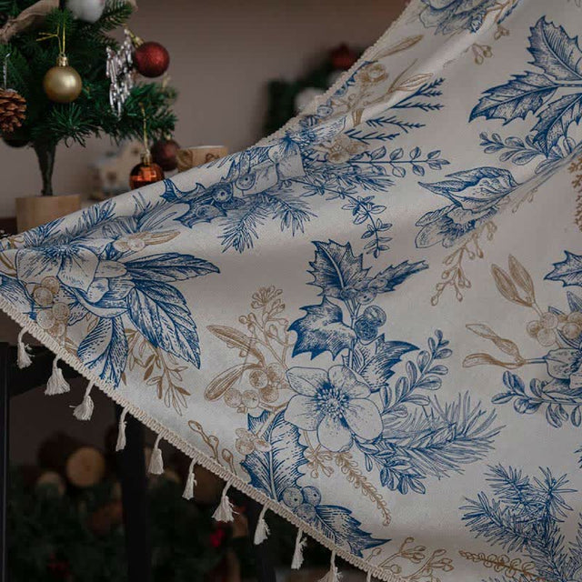 Blue Flower Pine Cotton Linen Light Filtering Curtain