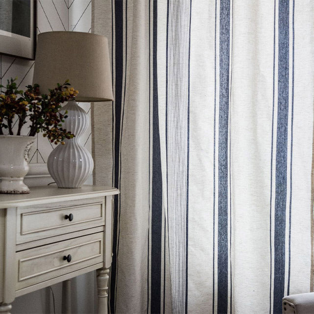 Navy & Beige Striped Semi-Blackout Cotton Curtains