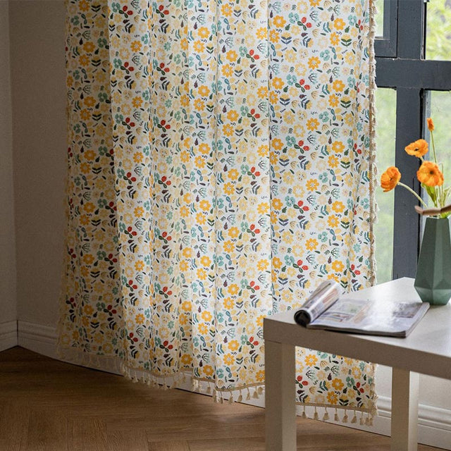 Yellow Flower Tassel Light Filtering Cotton Linen Curtain