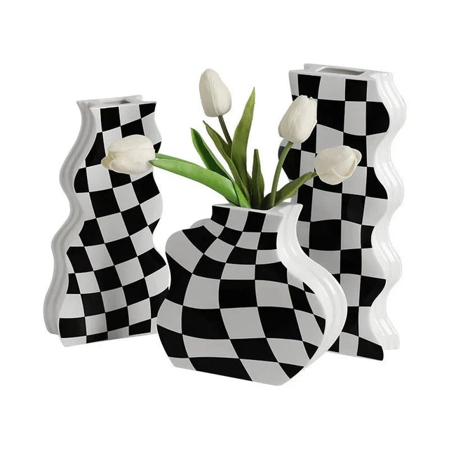 Black and White Ceramic Chequerboard Vase for Modern Decor