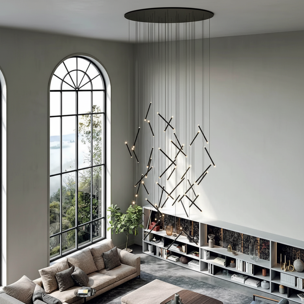 Black Chandelier – Arched Window Living Room