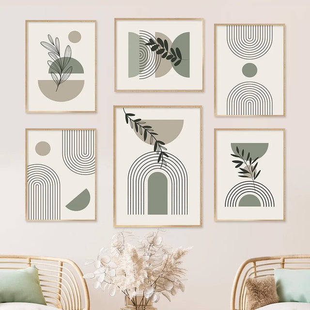 Boho Style Green Leaves Canvas Print Abstract Art Decor